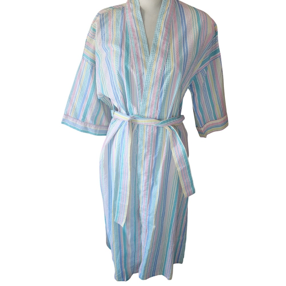 Deadstock Sentiments Pastel Striped Seersucker Cotton Robe Pink Blue Womens M
